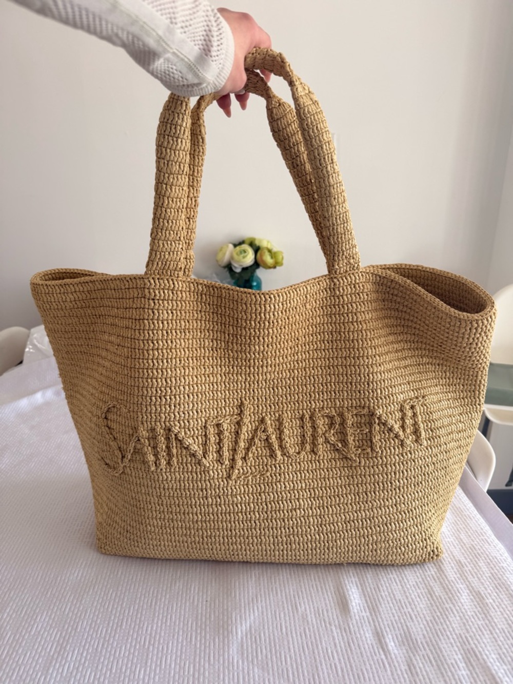 Saint Laurent Large Logo Embroidered Raffia Tote Bag | Authentic